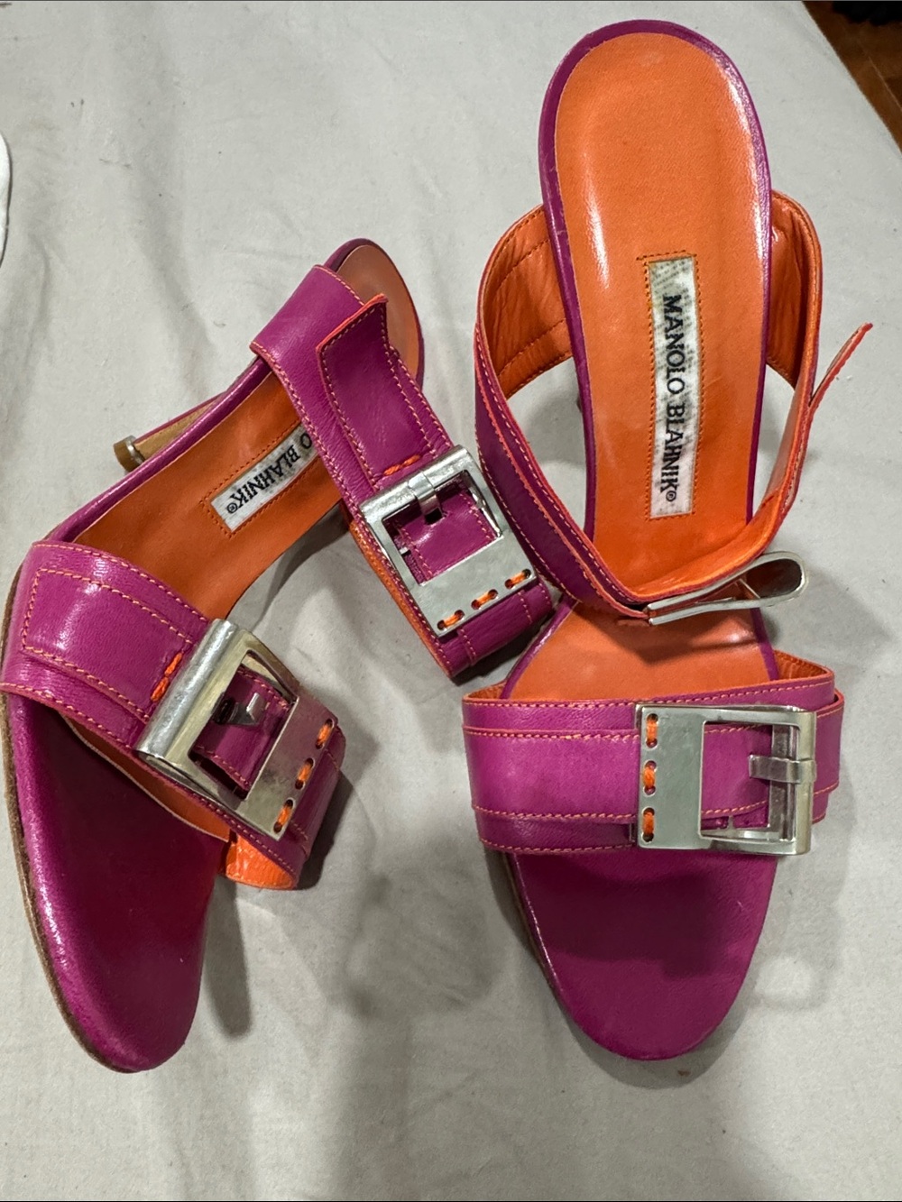 Manolo Blahnik Purple and Orange Buckle Slide Mules